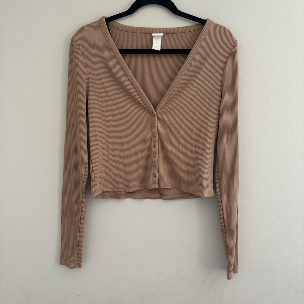 H&M Ribbed Brown Button-Down Women's Top